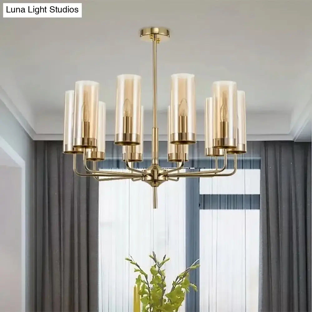 Blue/Amber Glass Cylinder Chandelier - 6/10 Lights In Gold For Modern Living Room