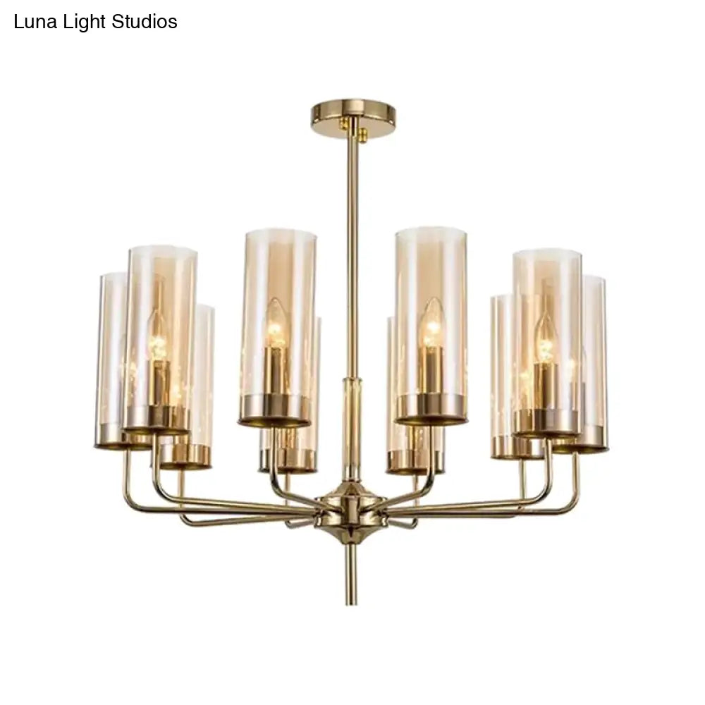 Blue/Amber Glass Cylinder Chandelier - 6/10 Lights In Gold For Modern Living Room