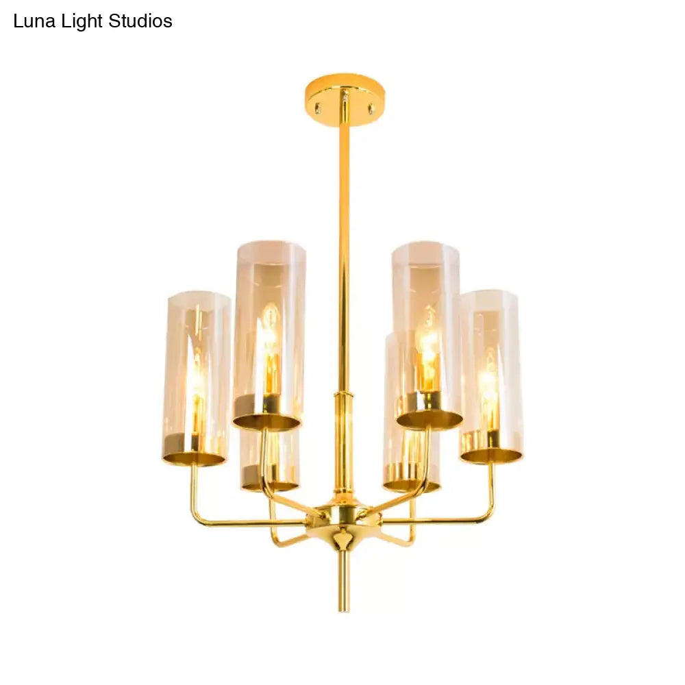 Blue/Amber Glass Cylinder Chandelier - 6/10 Lights In Gold For Modern Living Room