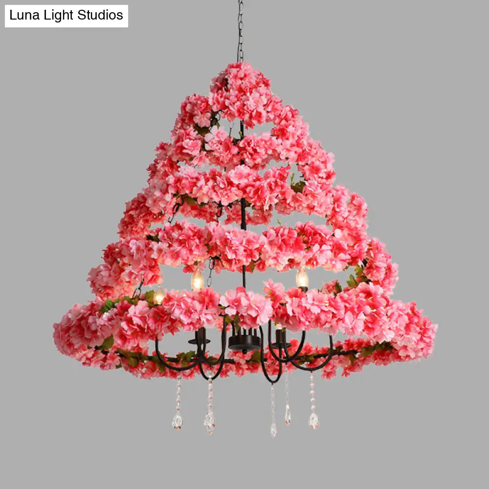 Cherry Blossom Chandelier: Industrial Metal 5-Bulb Pink Hanging Lamp With Crystal 31.5’/43’ Width