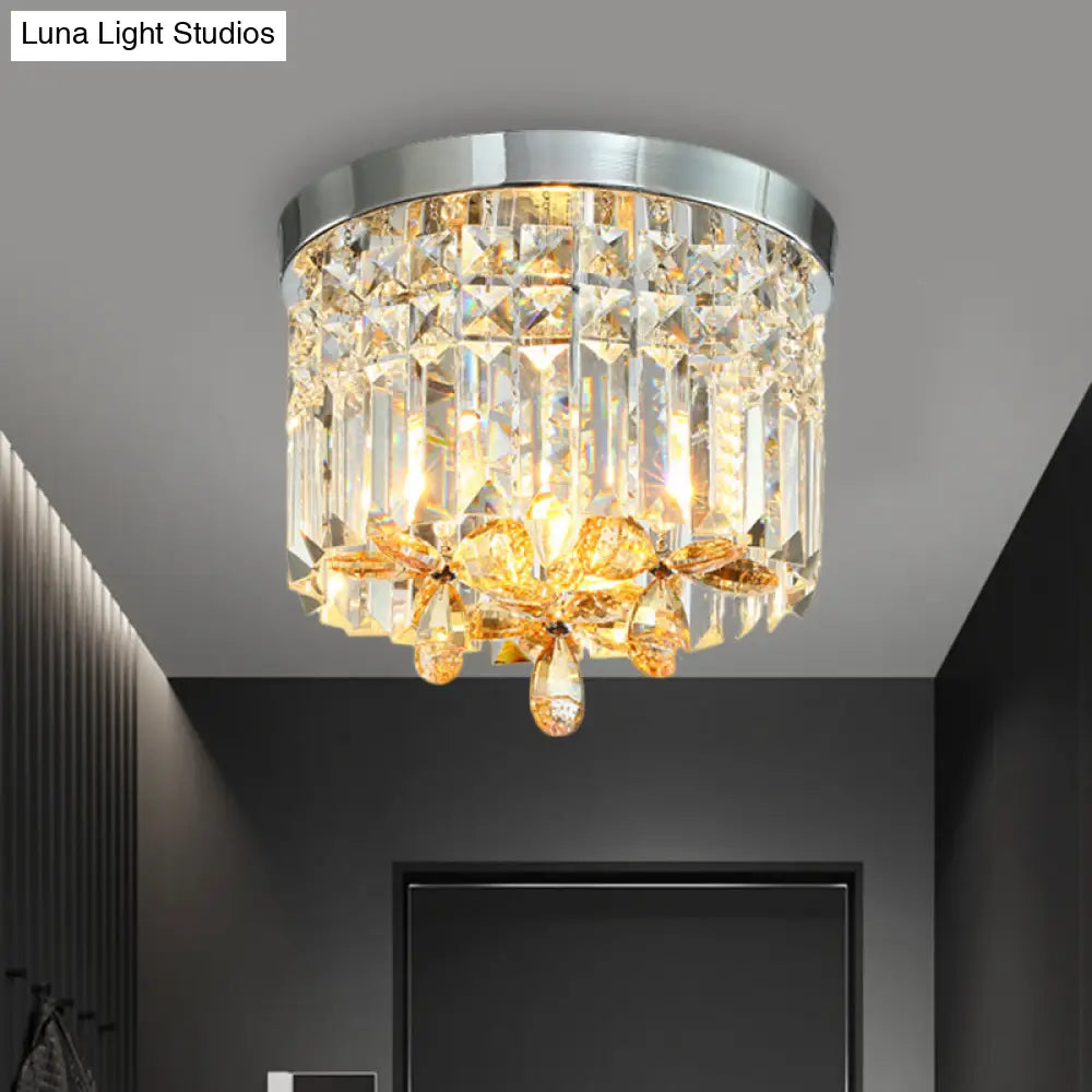 Chrome Cylinder Crystal Led Flush Light For Doorway - 10’/15.5’ Wide