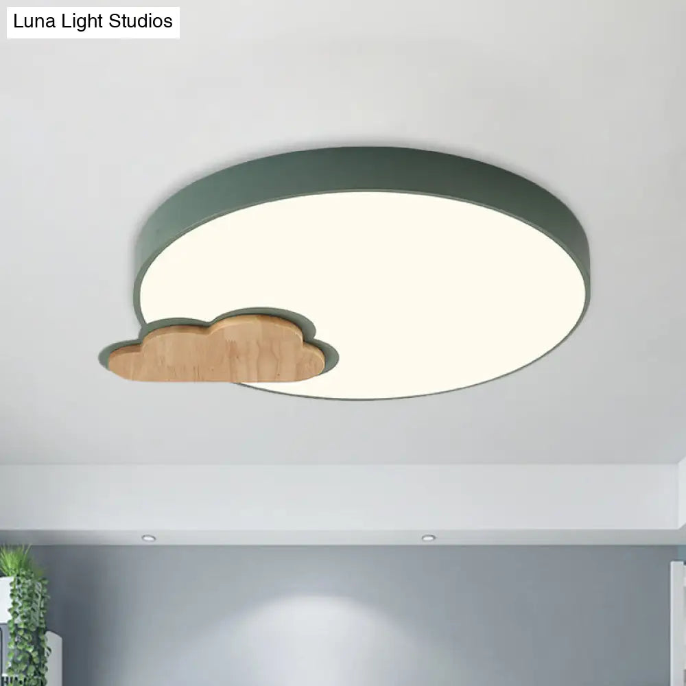 Circle Flush Macaron Led Ceiling Light With Grey/Green Finish And Cloud Wood Detail - White/Warm