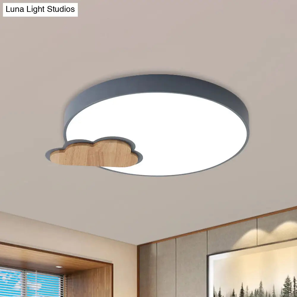 Circle Flush Macaron Led Ceiling Light With Grey/Green Finish And Cloud Wood Detail - White/Warm