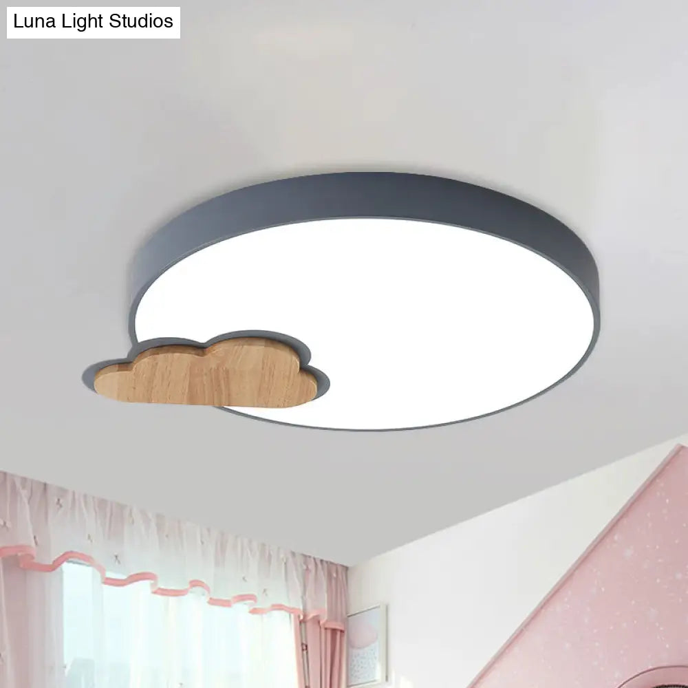 Circle Flush Macaron Led Ceiling Light With Grey/Green Finish And Cloud Wood Detail - White/Warm