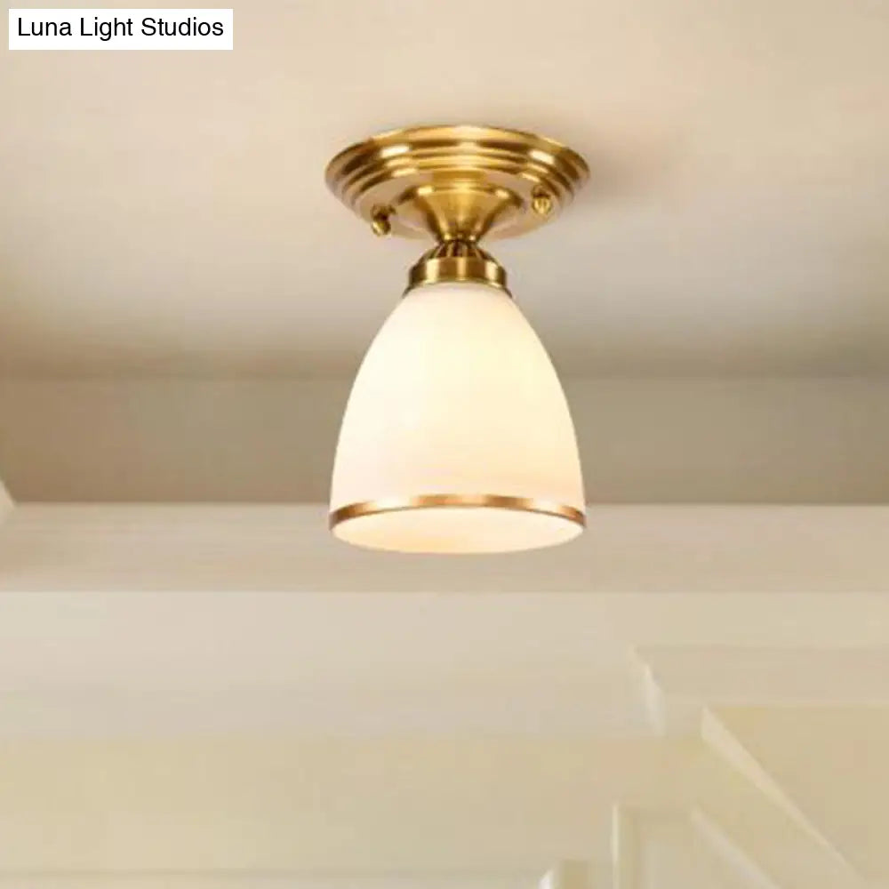 Classic 1-Light Glass Flush Mount Lamp In Brass - Globe/Cone Design For Corridor Ceiling Lighting