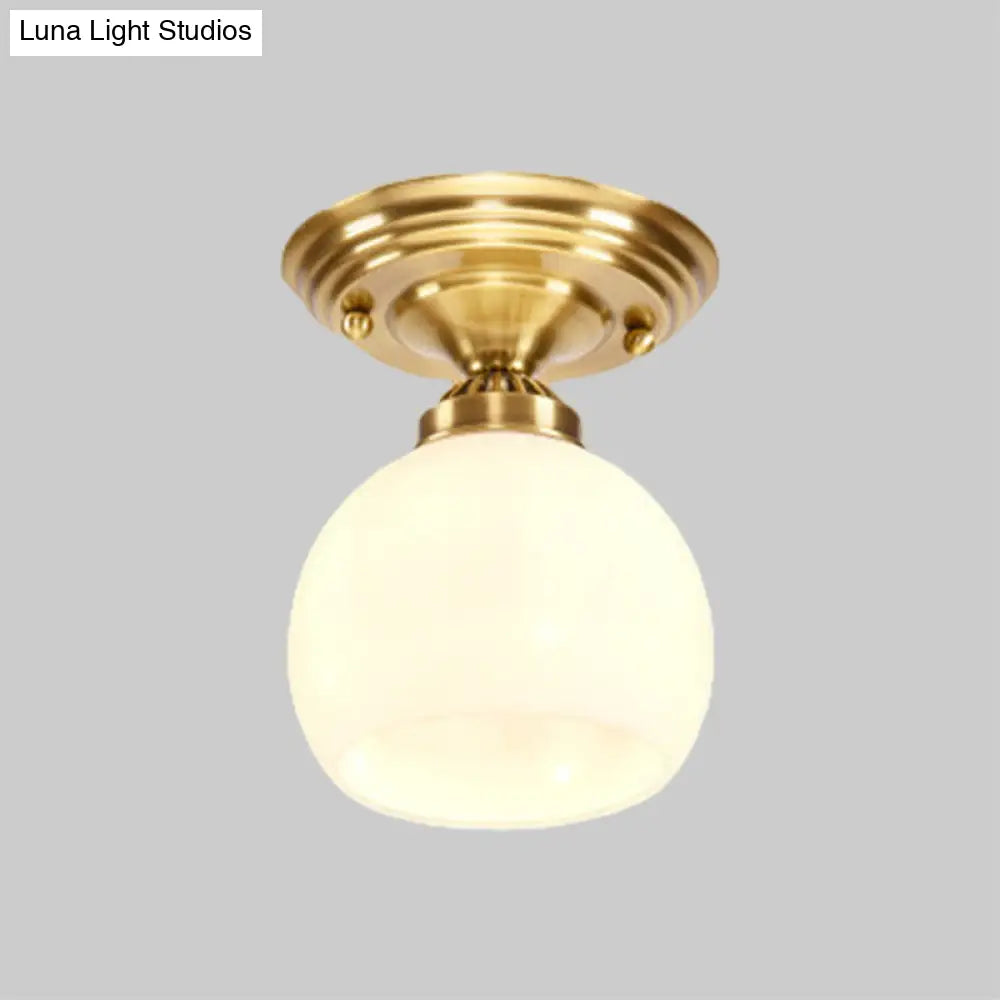 Classic 1-Light Glass Flush Mount Lamp In Brass - Globe/Cone Design For Corridor Ceiling Lighting