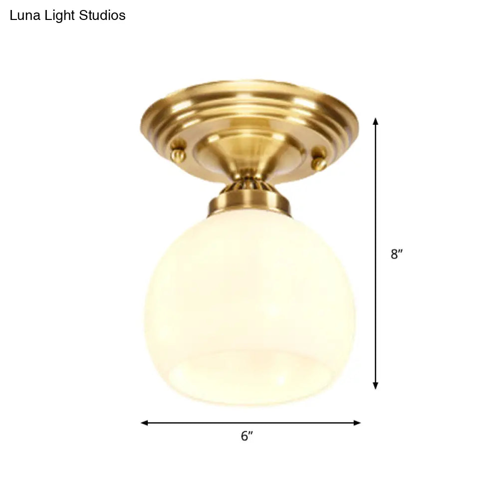 Classic 1-Light Glass Flush Mount Lamp In Brass - Globe/Cone Design For Corridor Ceiling Lighting