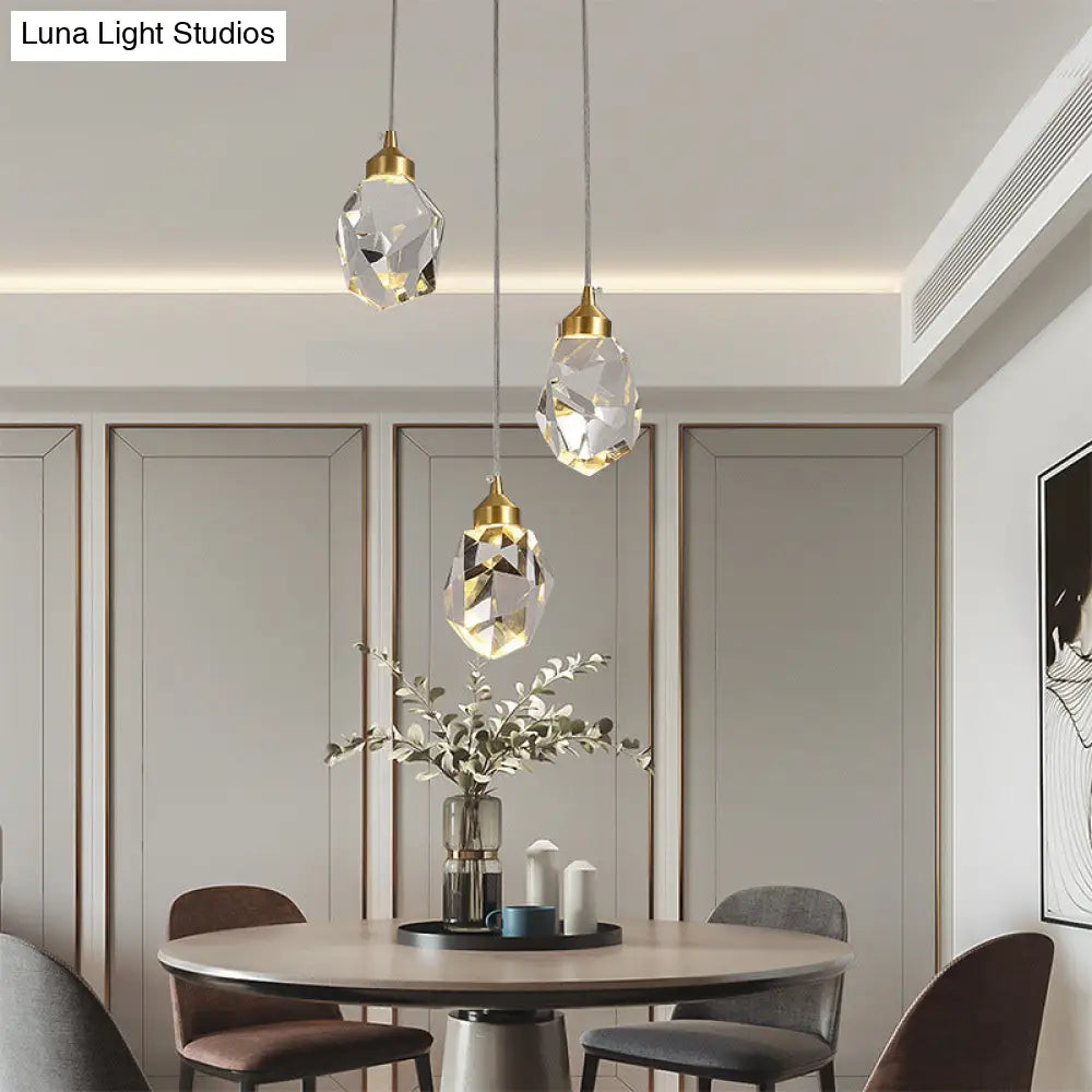 Clear Crystal Led Pendant Light For Dining Room - Elegant Stone Shape Design