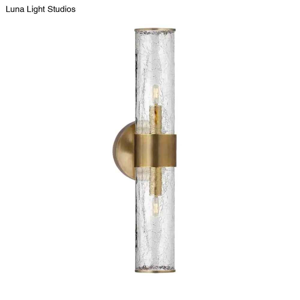 Contemporary Crackle Glass Wall Mounted Lighting: 2 Bulb Cylindrical Sconce In Brass