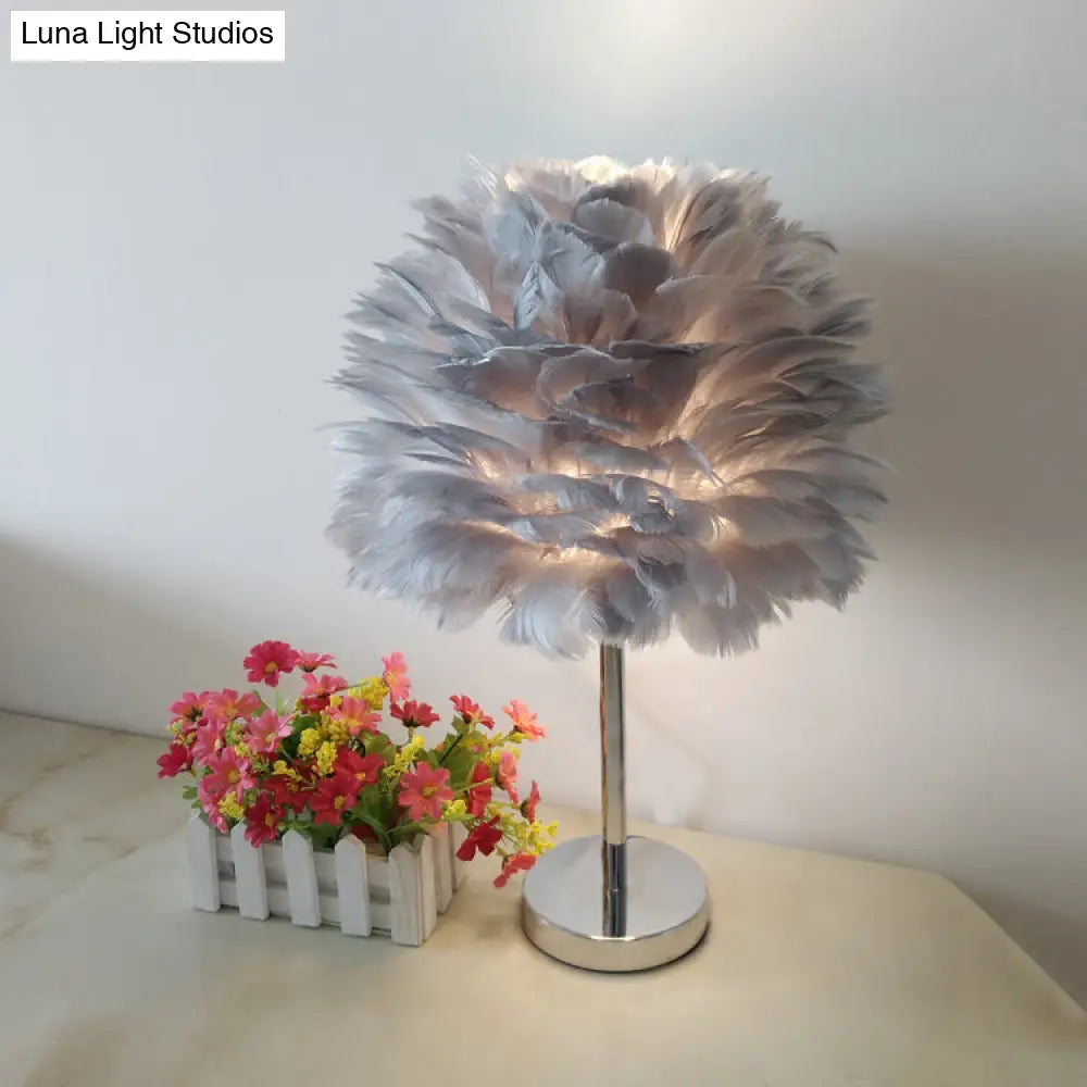 Contemporary Feather Night Table Lamp - Globe Bedside Light In White/Grey/Pink