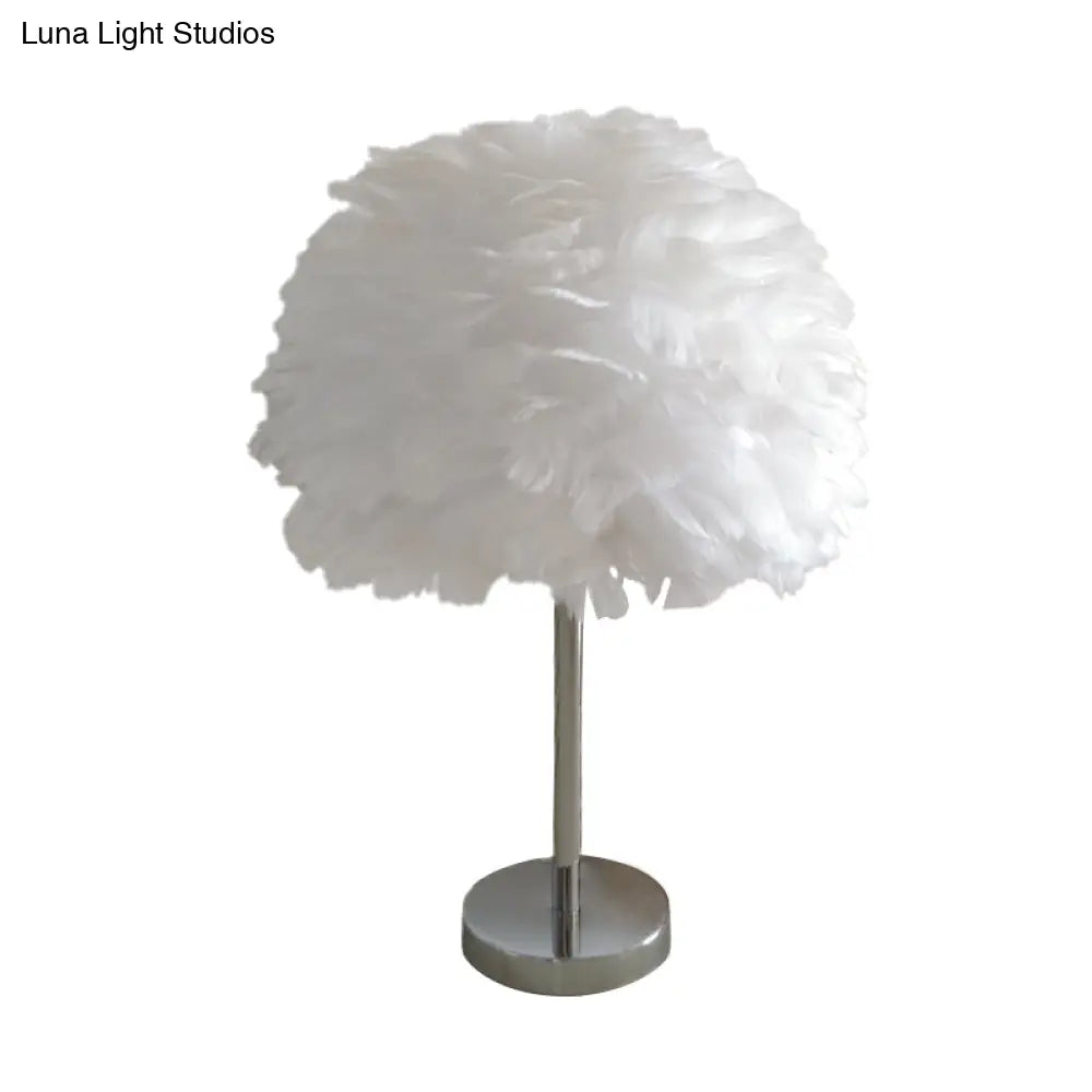 Contemporary Feather Night Table Lamp - Globe Bedside Light In White/Grey/Pink
