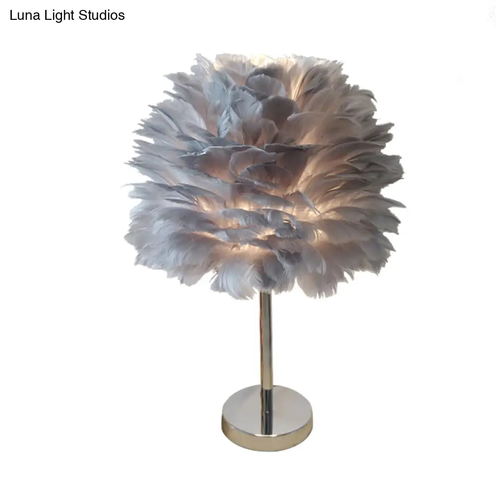 Contemporary Feather Night Table Lamp - Globe Bedside Light In White/Grey/Pink