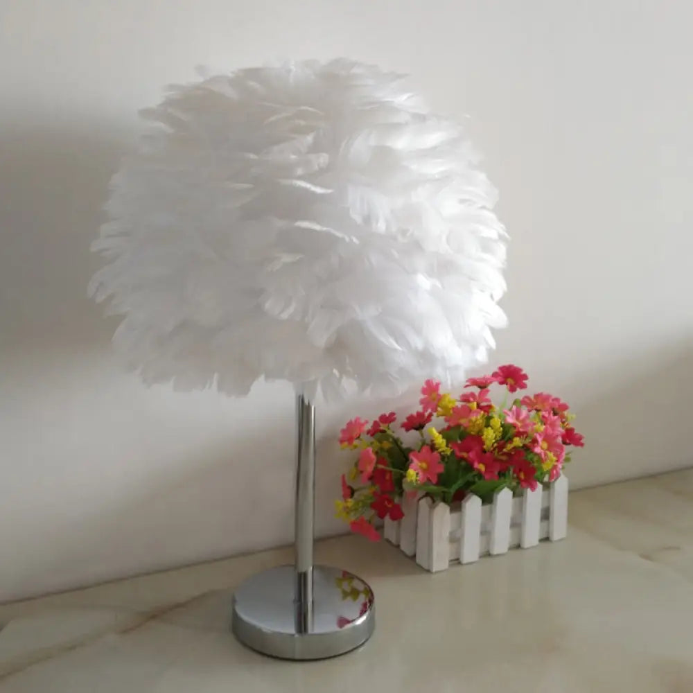 Contemporary Feather Night Table Lamp - Globe Bedside Light In White/Grey/Pink White