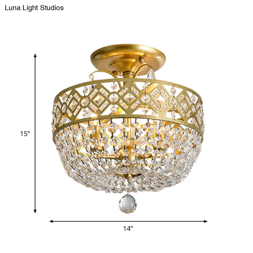 Contemporary Gold Light Fixture With Crystal Balls - 3 Heads Porch Semi - Flush Mount