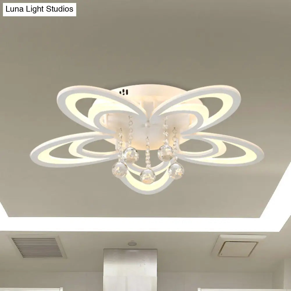 Contemporary Led Flush Ceiling Lamp In White - Acrylic And Crystal Semi Mount Lighting