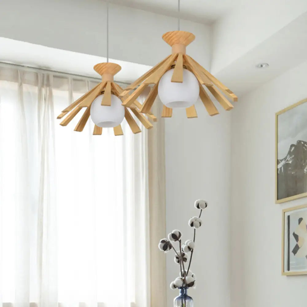 Contemporary Wooden Pendant Ceiling Light With Cream Glass Shade - Single-Bulb Dining Room Hanging
