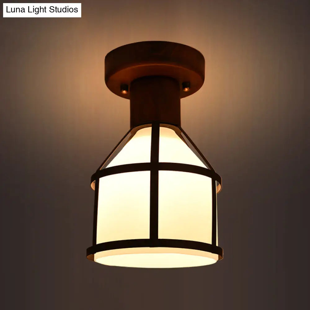 Country Opal Glass Dome Ceiling Light Fixture With Cage - Brown Flush Mount Lamp