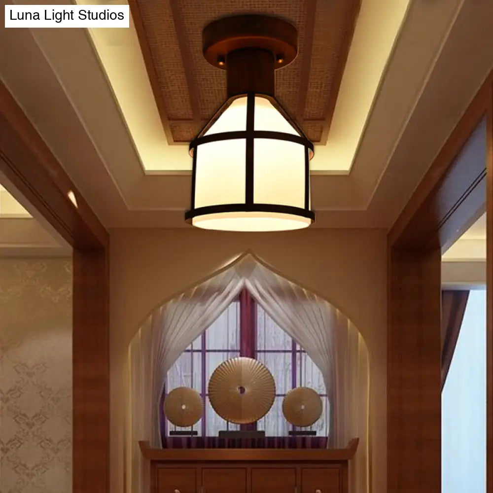Country Opal Glass Dome Ceiling Light Fixture With Cage - Brown Flush Mount Lamp