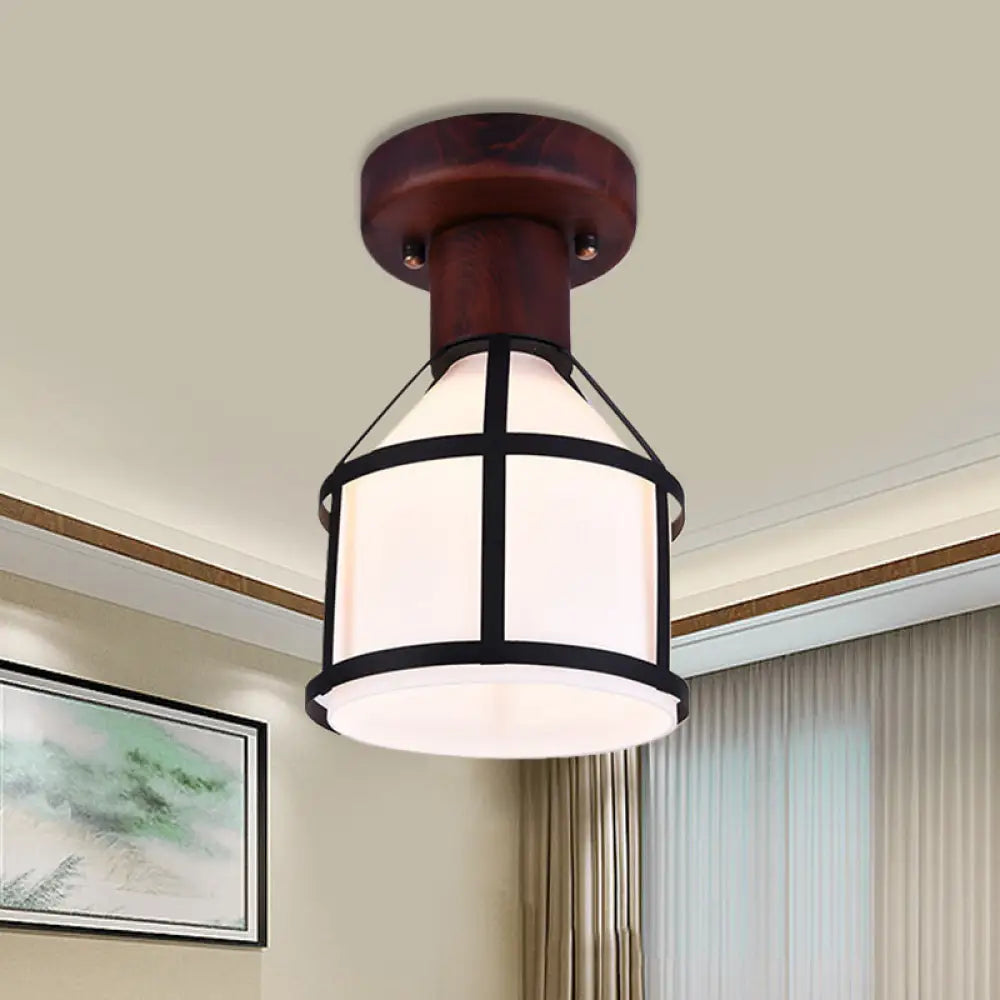 Country Opal Glass Dome Ceiling Light Fixture With Cage - Brown Flush Mount Lamp