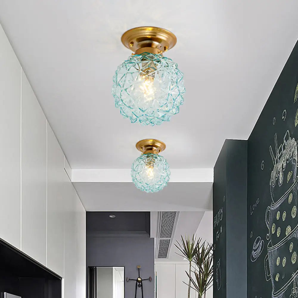 Countryside Blue/Clear/Smoke Gray Prismatic Glass Pine Cone Hallway Ceiling Lamp - Brass Flush