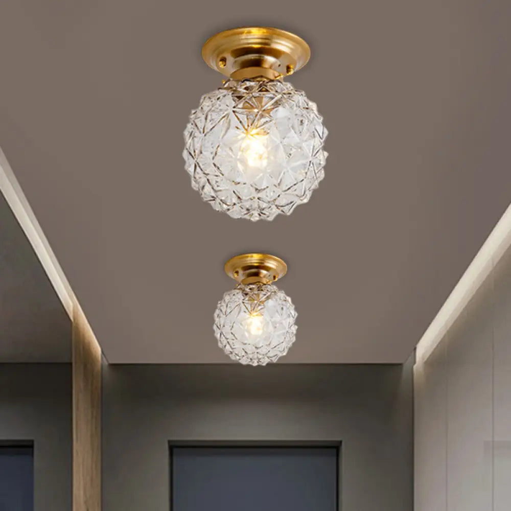 Countryside Blue/Clear/Smoke Gray Prismatic Glass Pine Cone Hallway Ceiling Lamp - Brass Flush