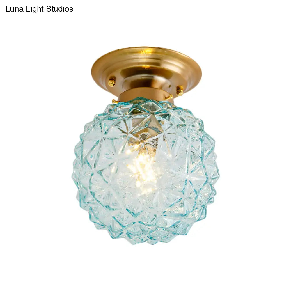 Countryside Blue/Clear/Smoke Gray Prismatic Glass Pine Cone Hallway Ceiling Lamp - Brass Flush