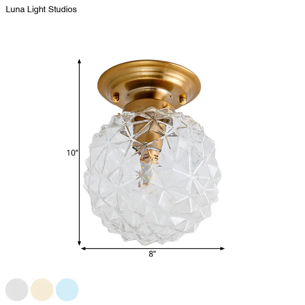 Countryside Blue/Clear/Smoke Gray Prismatic Glass Pine Cone Hallway Ceiling Lamp - Brass Flush