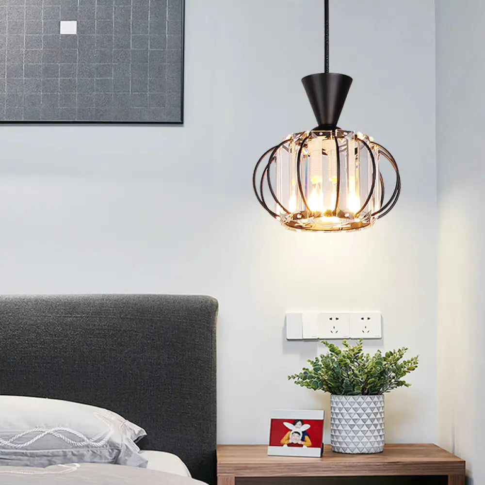 Crystal Prism Pendant Light With Modern Lantern Shade In Black/Gold For Bedroom Black