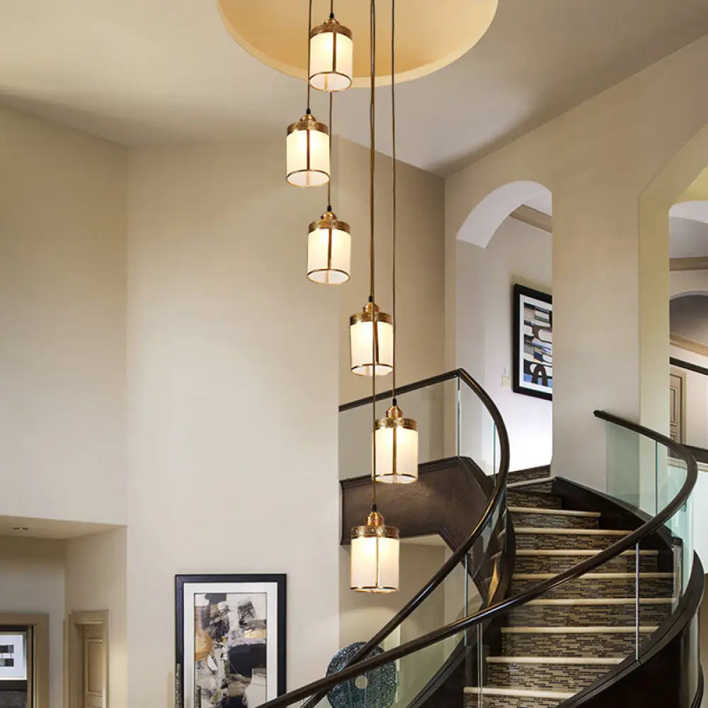 Cylindrical Multi-Ceiling Artistic Light with Frost Glass and Brass Suspension for Staircases 6 / Brass