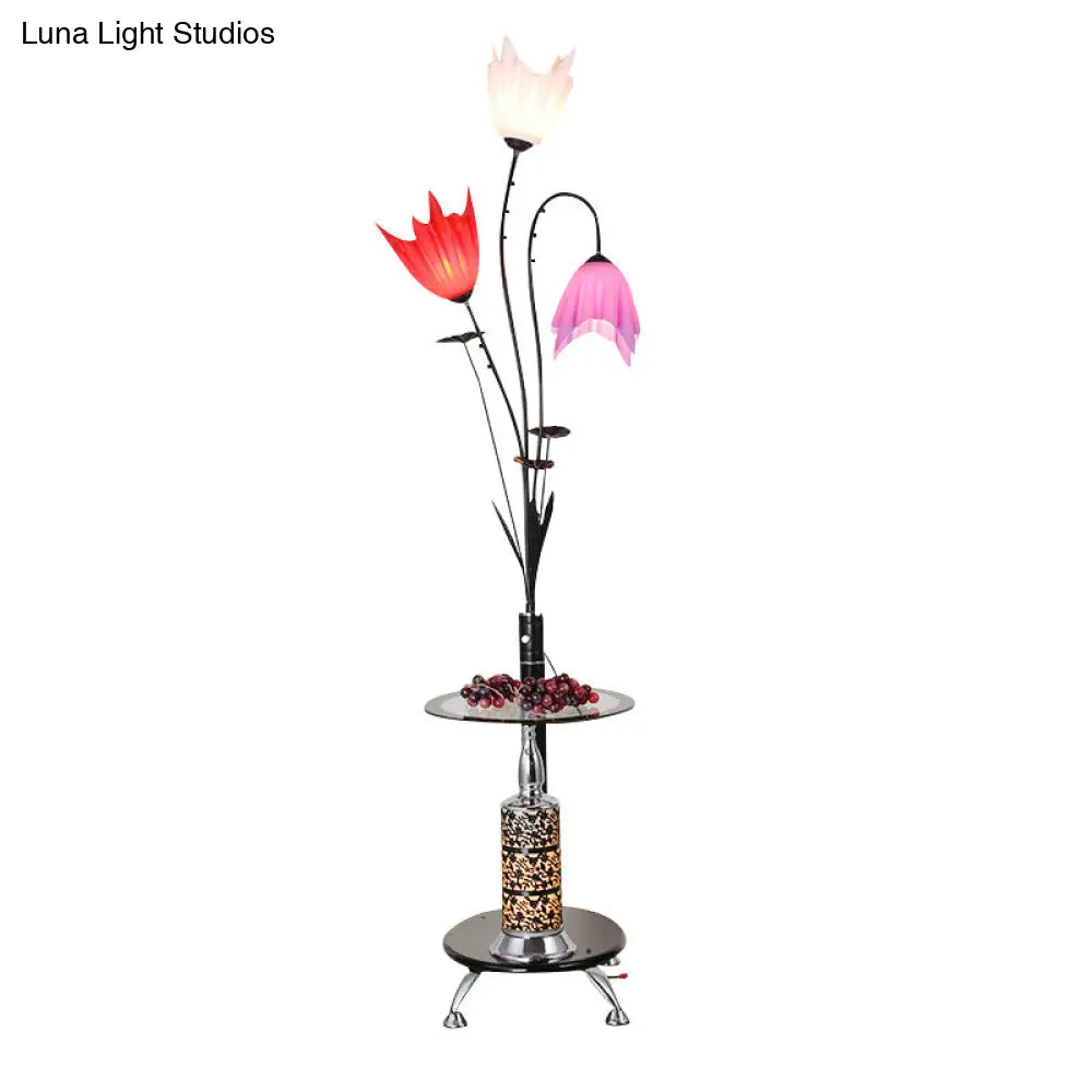 Flower Countryside Floor Lamp: Black Acrylic Tray 3-Light Design For Living Room