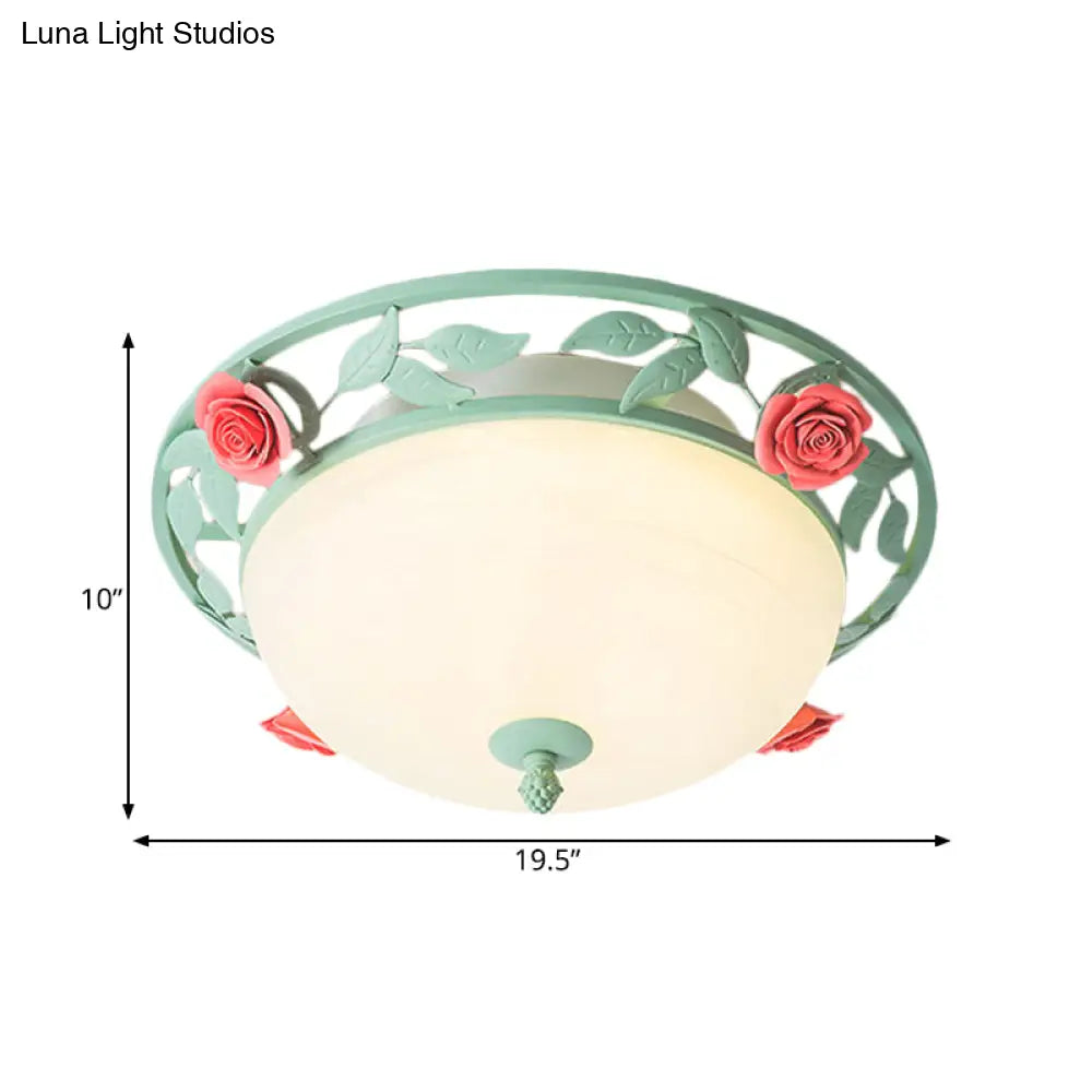 Frosted Glass Dome Flush Light - Led Bedroom Mount In Green With Rose Decor