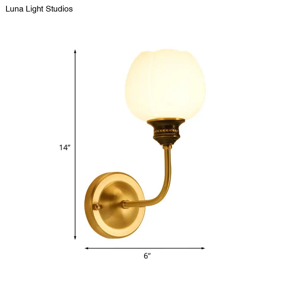 Gold Antique Sconce Light Fixture With Milky Glass Bud - Wall Mounted Lamp For Living Room