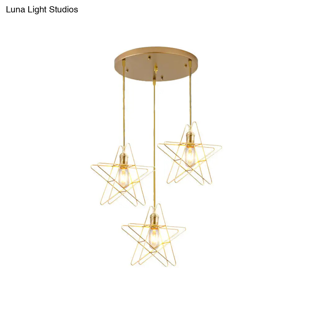 Gold Star Cage Ceiling Light - Simplicity Design Metal Frame 3 Bulbs Ideal For Dining Room