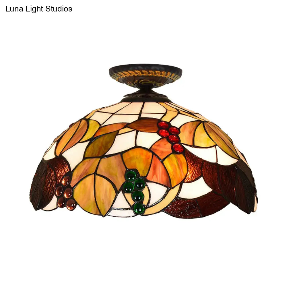 Grape Ceiling Lighting Tiffany Brass Stained Glass Flush Mount Light 1-Light 12’/16’ Width