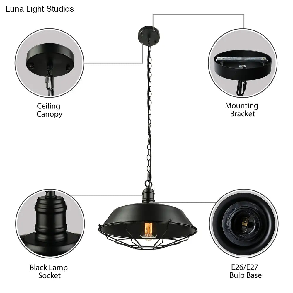 Industrial Black Wire Cage Pendant With Barn Shade - Ceiling Or Dining Table Hanging Fixture