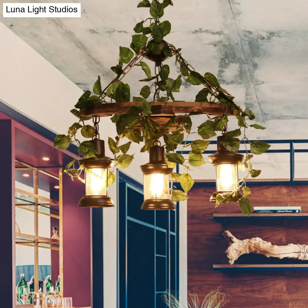 Industrial Green Lantern Wooden Chandelier - Led Restaurant Ceiling Light (3/6/8 Heads)