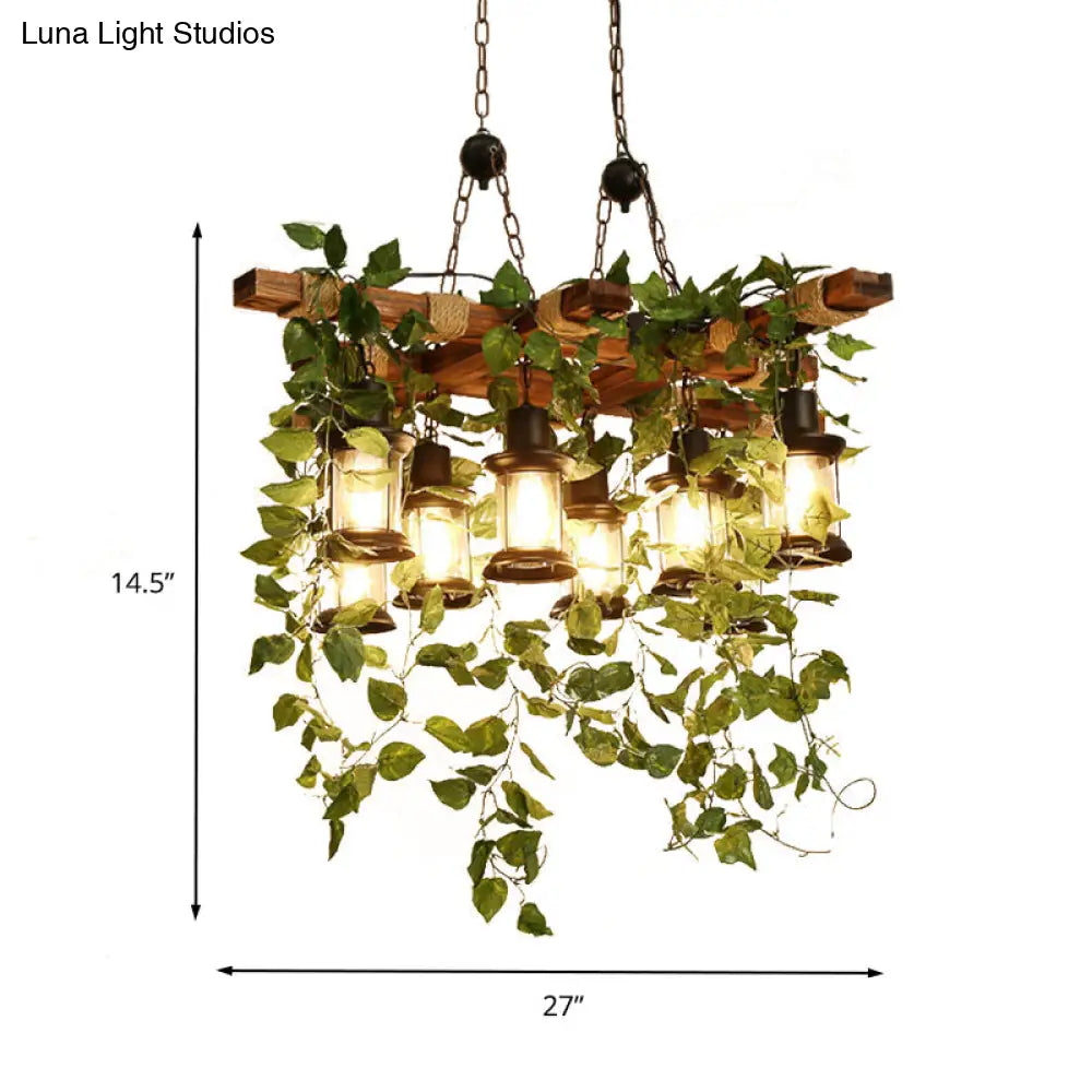 Industrial Green Lantern Wooden Chandelier - Led Restaurant Ceiling Light (3/6/8 Heads)