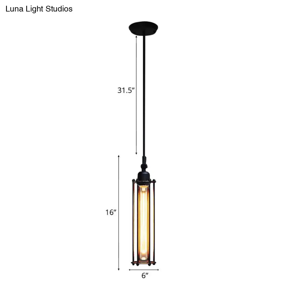 Industrial Metal Pendant Light With Tube Shade And Wire Guard - Black Finish