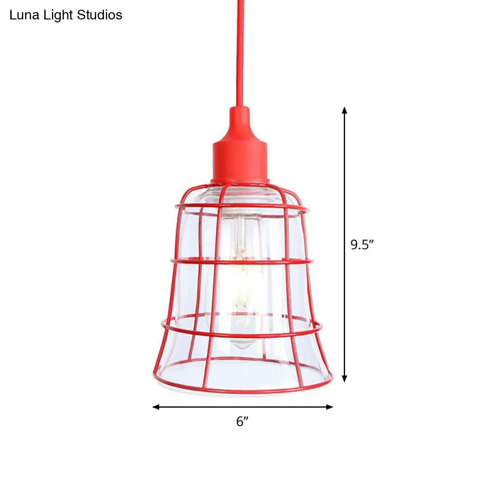 Industrial Red Iron Hanging Lamp Kit - Single Tapered/Cage/Flared Ceiling Pendant Light For Living