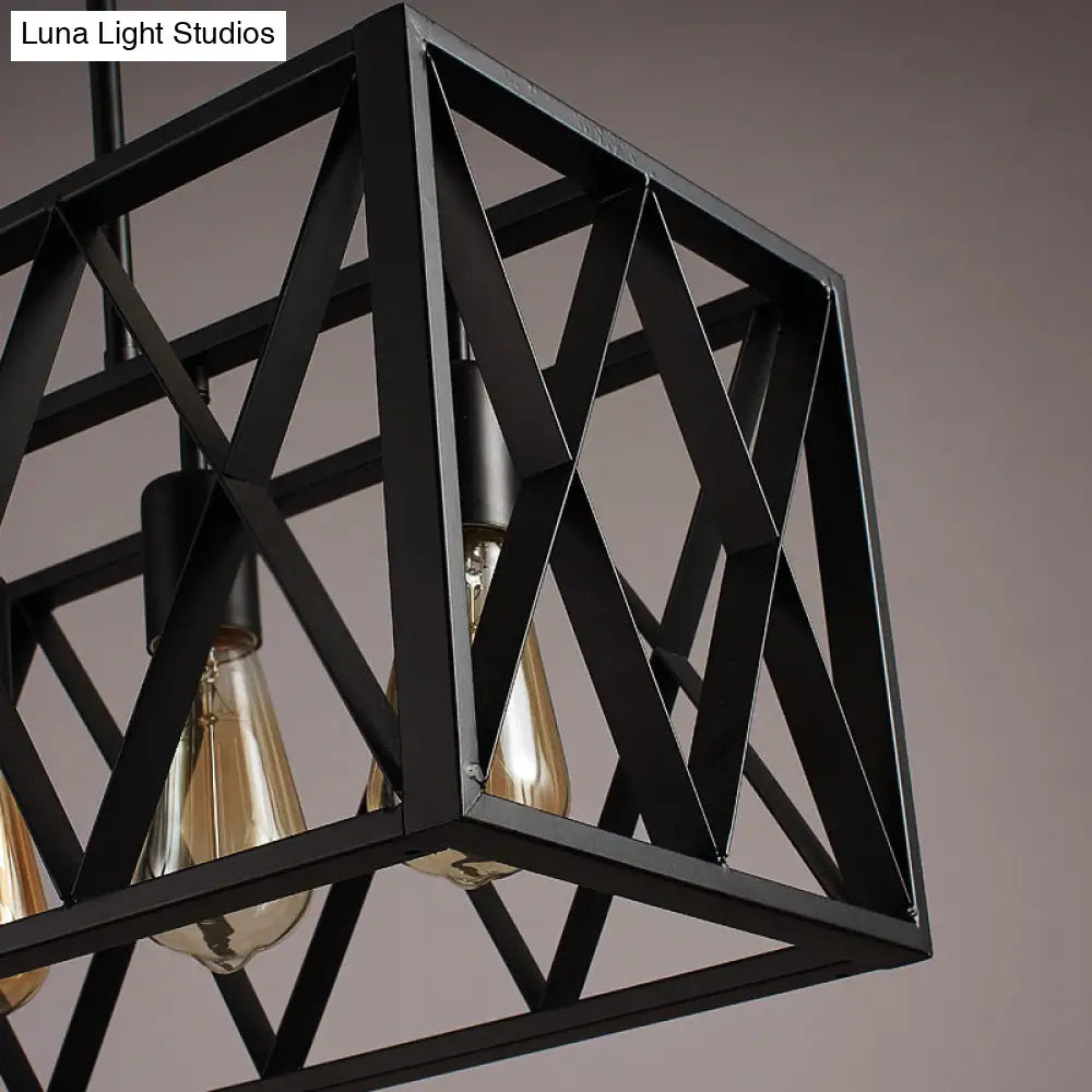 Industrial Style Black Ironwork Pendant Light For Bar - Rectangular Island Design