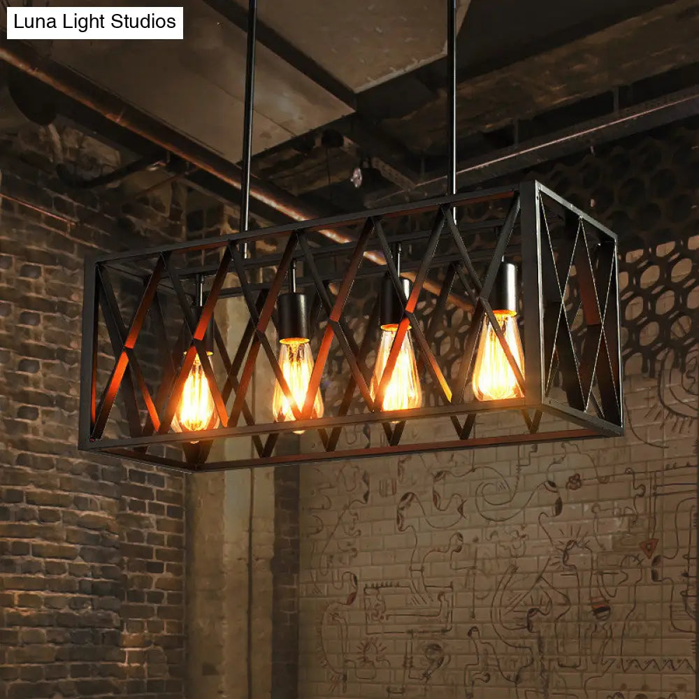 Industrial Style Black Ironwork Pendant Light For Bar - Rectangular Island Design