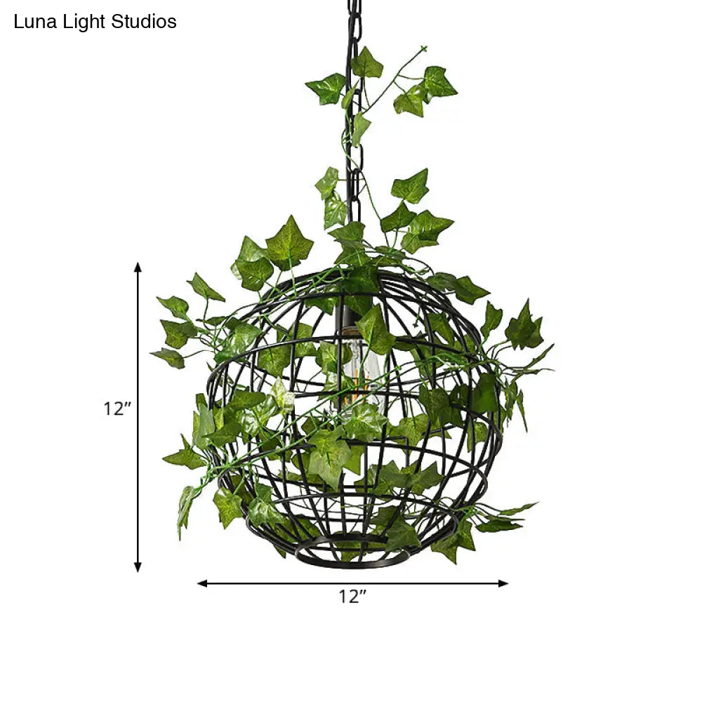 Industrial Style Globe Cage Ceiling Pendant Light With Artificial Plant Deco (1-Head Black)
