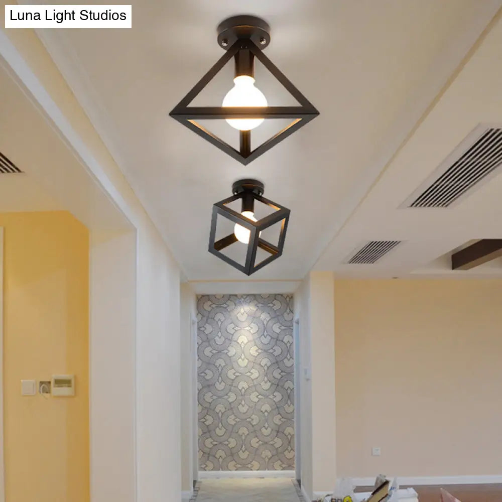 Iron Caged Flush Mount Ceiling Lamp - Industrial Style With 1 - Bulb Black