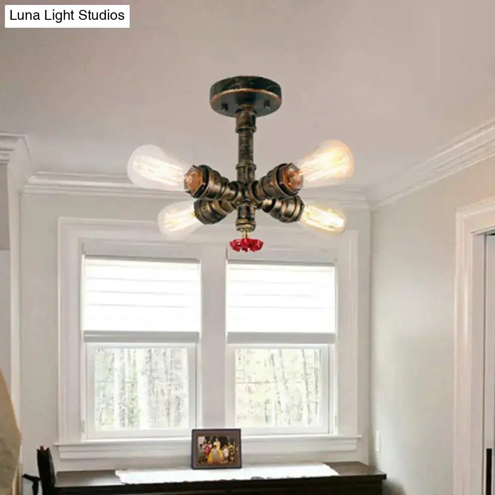 Iron Industrial-Style 4-Light Bronze Semi Flush Mount With Burst Pipe Foyer Ceiling Design