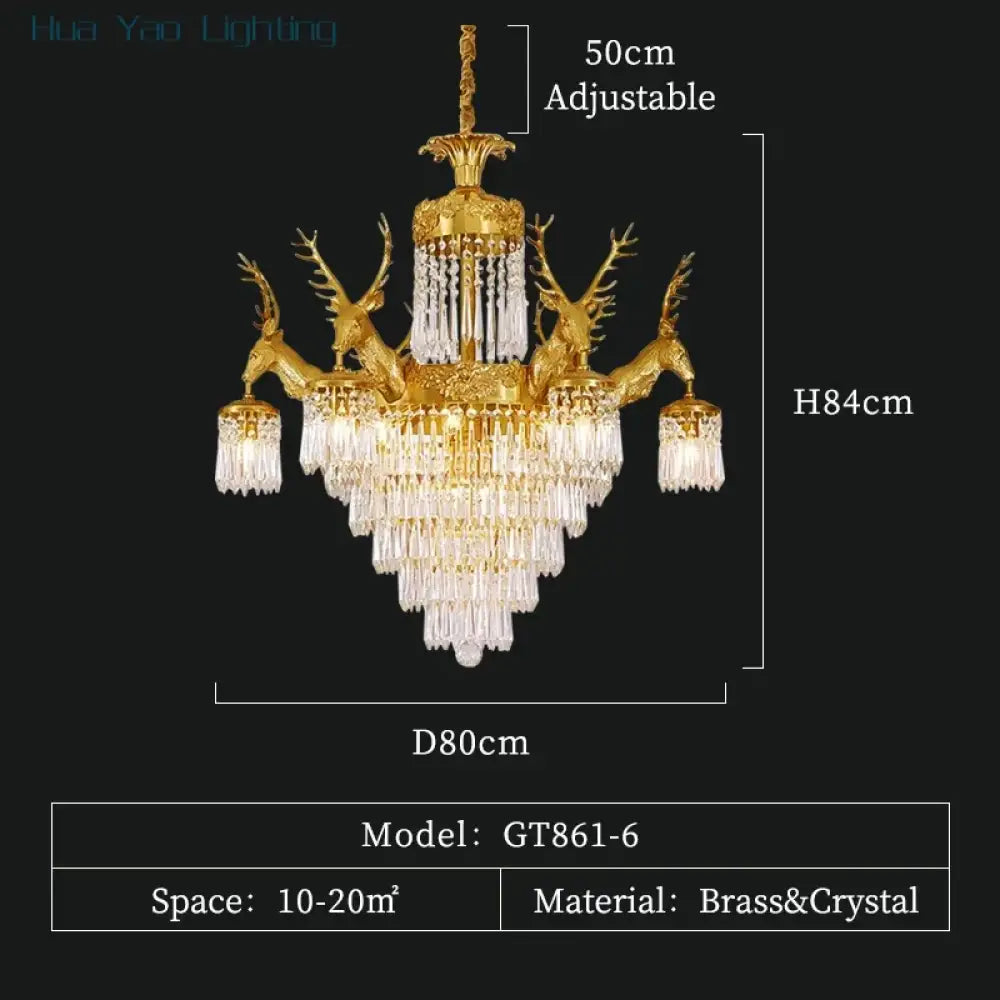 Isabelle French Deer Vintage Brass Crystal Chandelier E14 Ceiling Light 6lights D80 H84cm chandelier