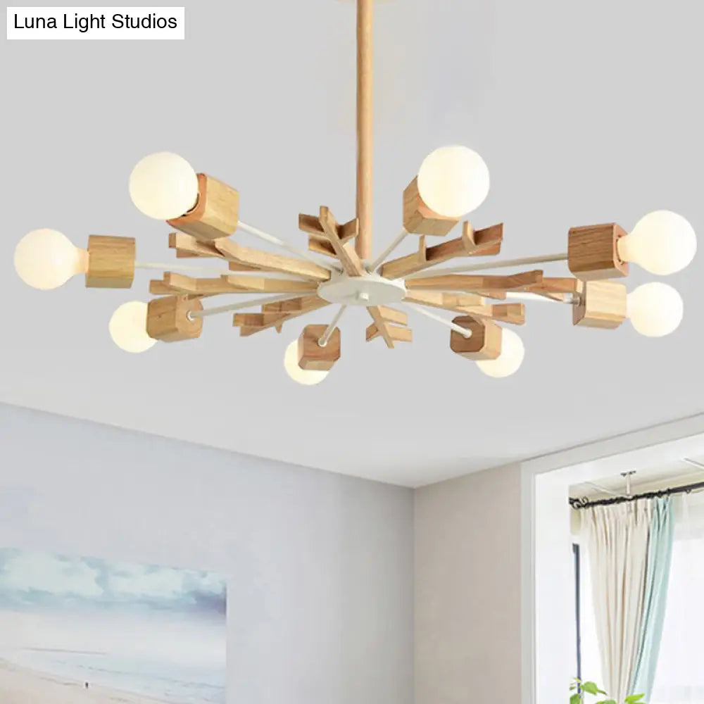 Japanese Style Beige Wood Chandelier - Snowflake Pendant Light For Bedroom