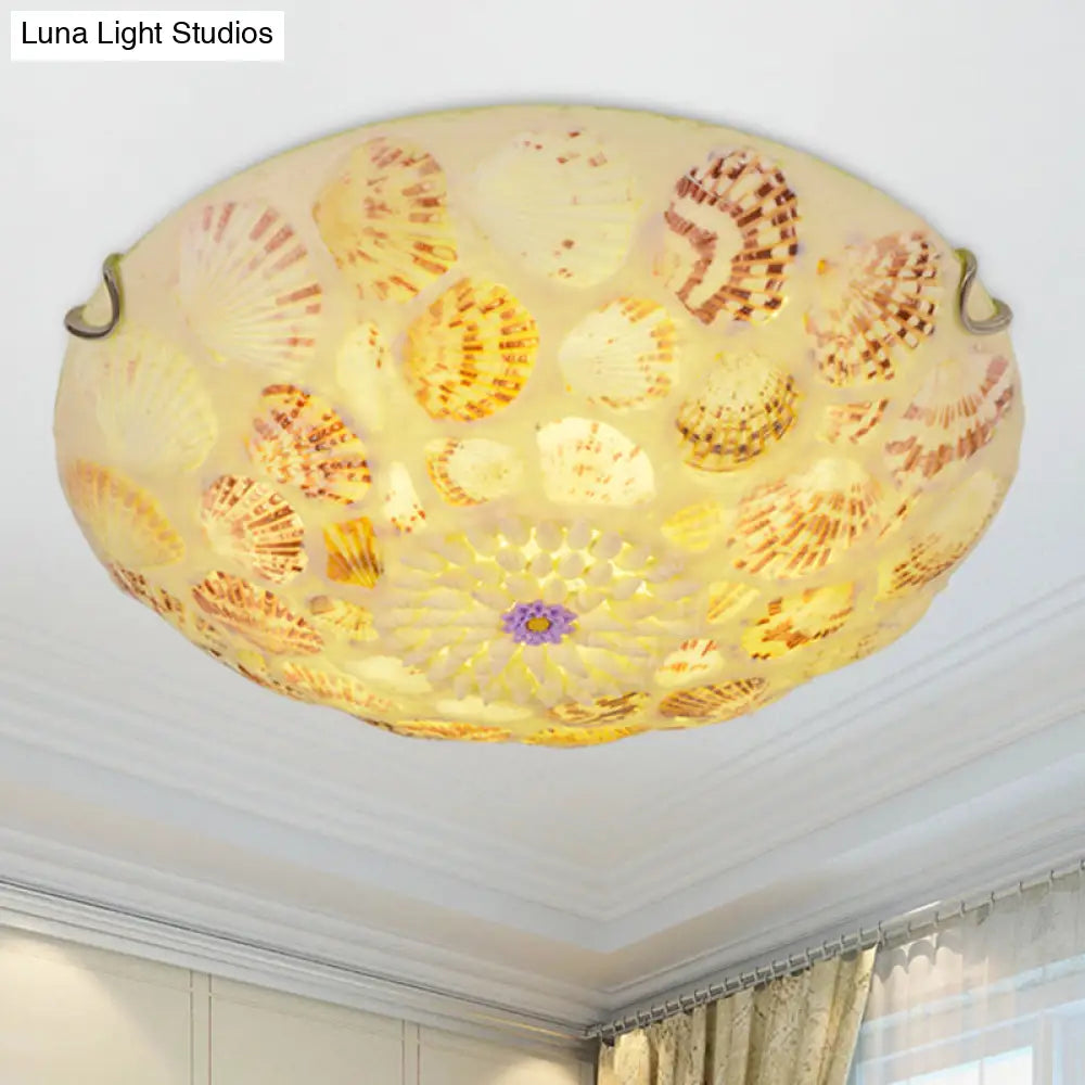 Mediterranean Beige Shell Ceiling Light - Natural Flush Mount Fixture For Bedroom