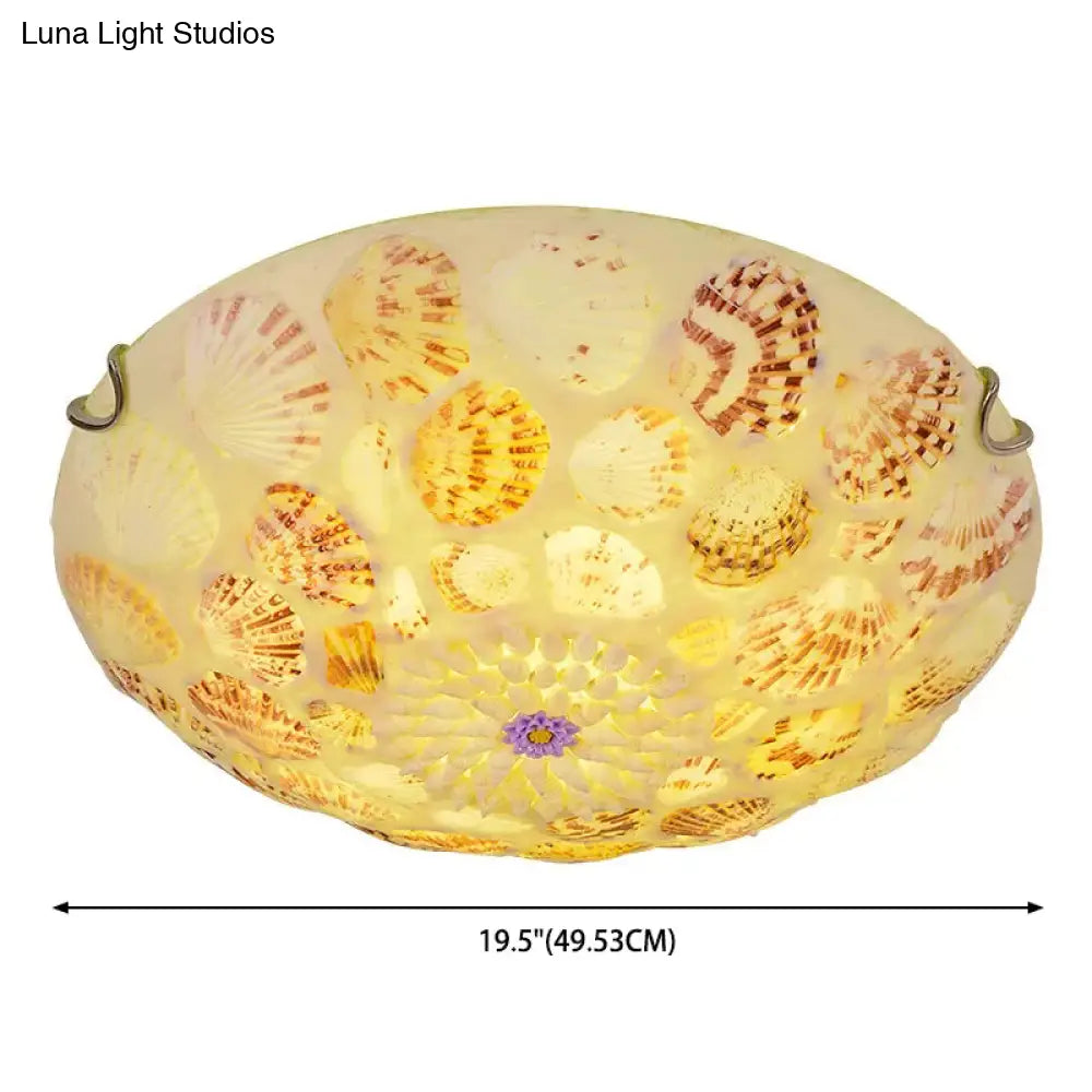 Mediterranean Beige Shell Ceiling Light - Natural Flush Mount Fixture For Bedroom