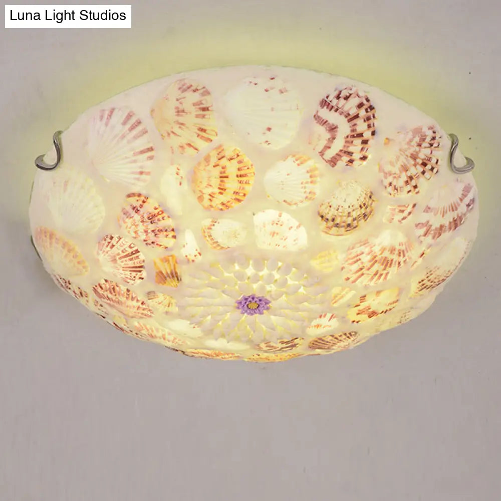 Mediterranean Beige Shell Ceiling Light - Natural Flush Mount Fixture For Bedroom
