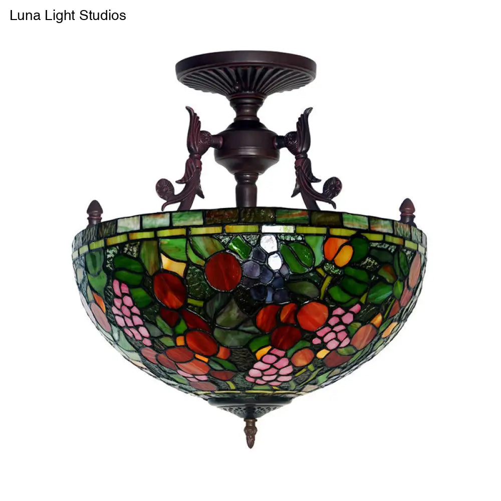 Mediterranean Flower Stained Glass Ceiling Light For Bedroom - 3-Light Semi Flush Mount In